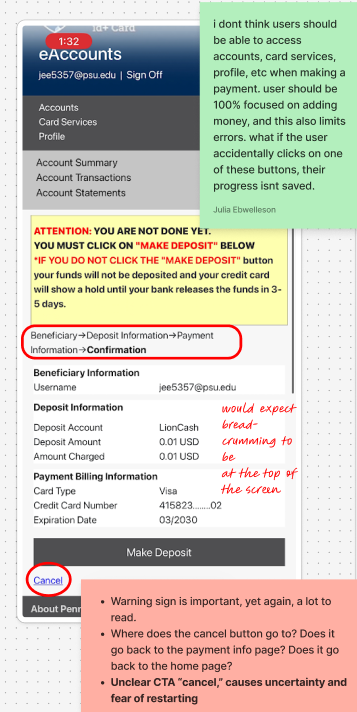 Annotated audit of the deposit confirmation screen