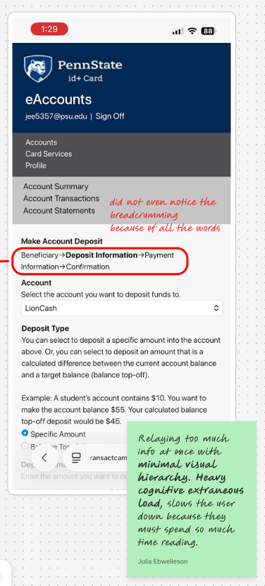 Annotated audit of the eAccounts deposit screen